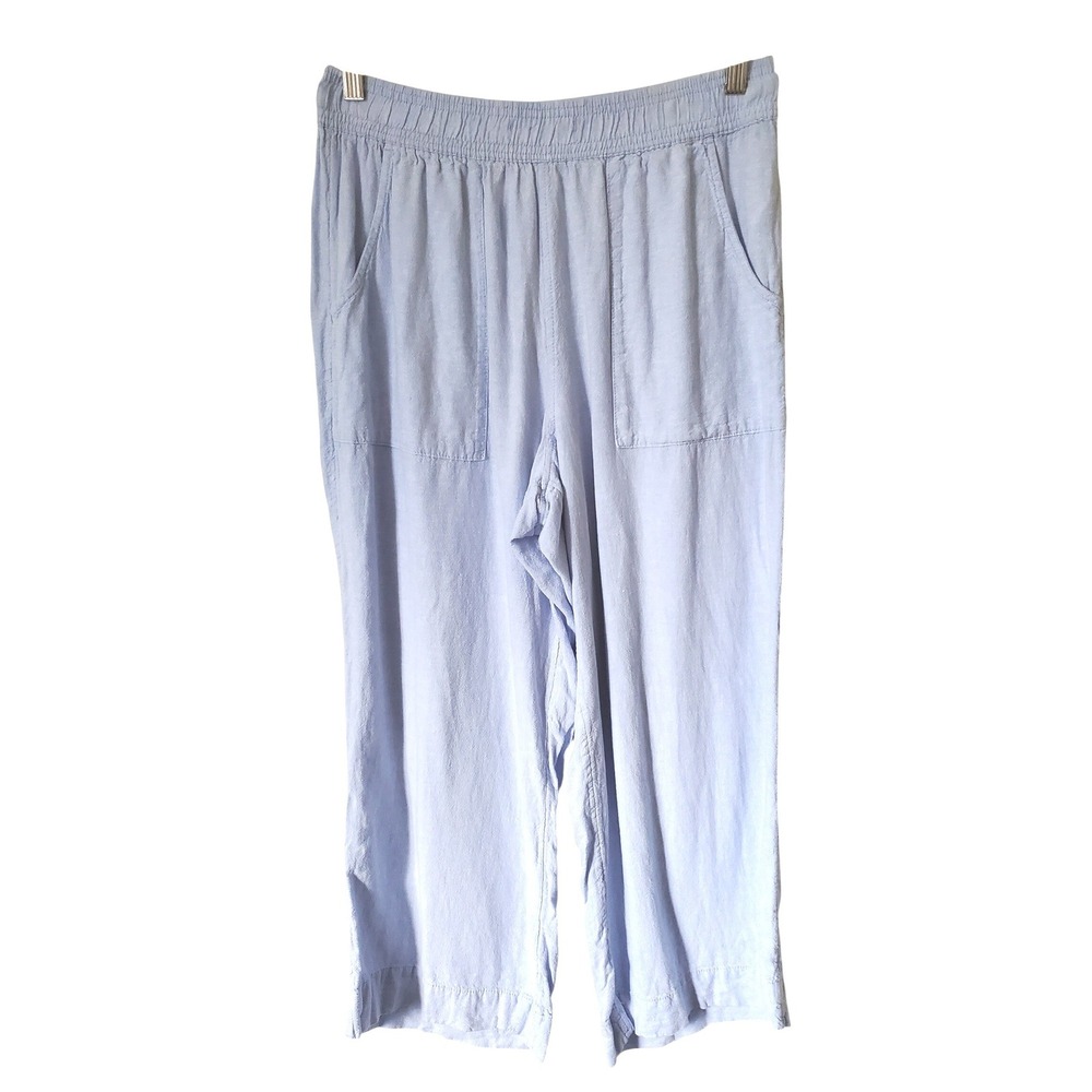 Cynthia Rowley Womens M Linen Blend Wide Leg Cropped Pants Blue Pockets Beach